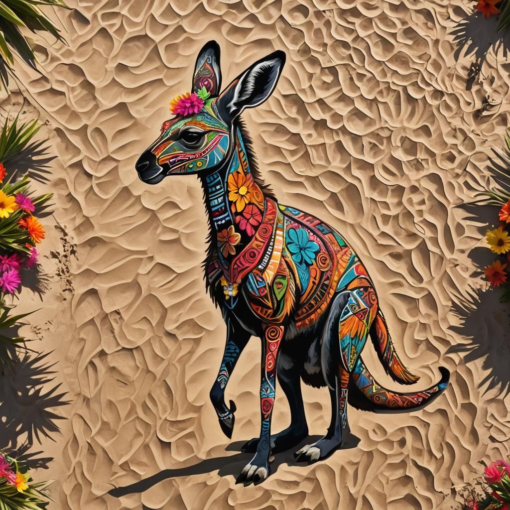 Kangaroo and Llamas on Australian Beach in Dreamtime Art
