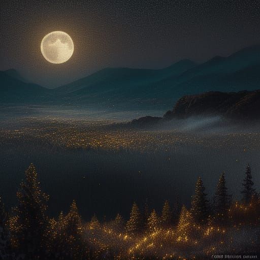 Moonlit Landscape in Pointillist Style