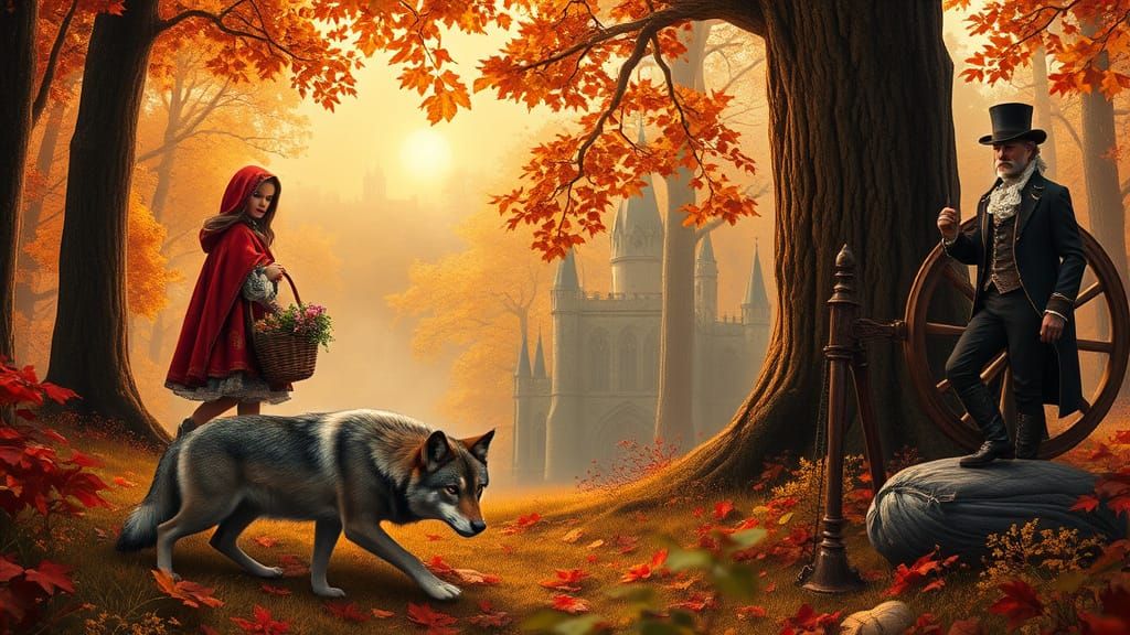 Enchanted Autumn Forest Scene with Whimsical Creatures