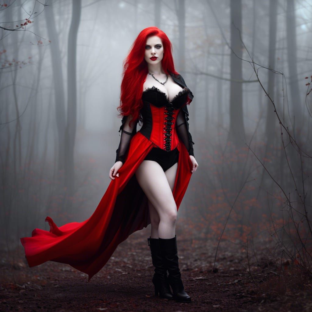 Redhead Vampire in Foggy Forest, Photorealistic HDR