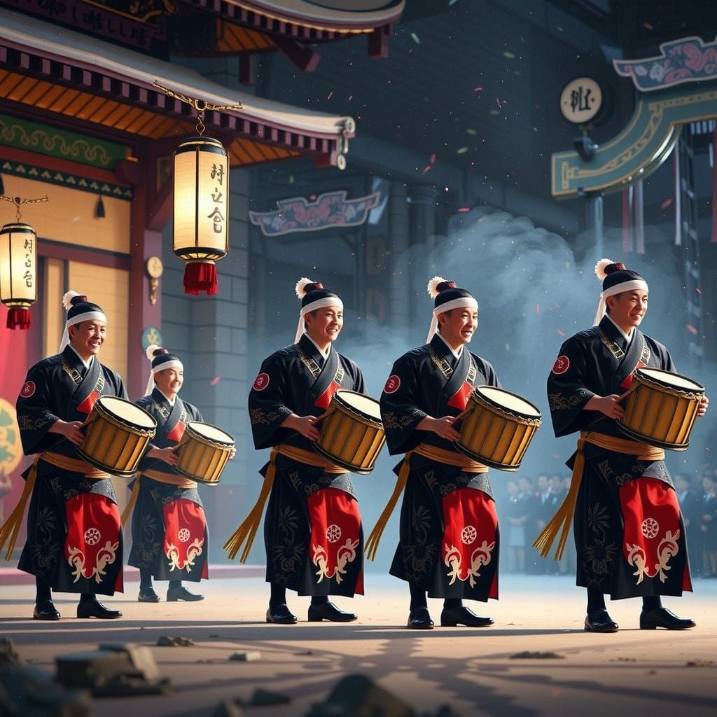 Dramatic Yamato Taiko Drummers in Vibrant Japanese Theater