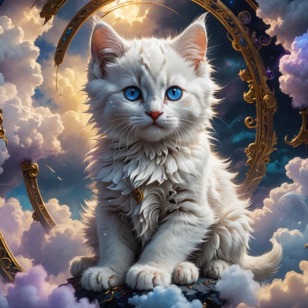 Fluffy Kitten on a Cloud: Detailed Digital Art