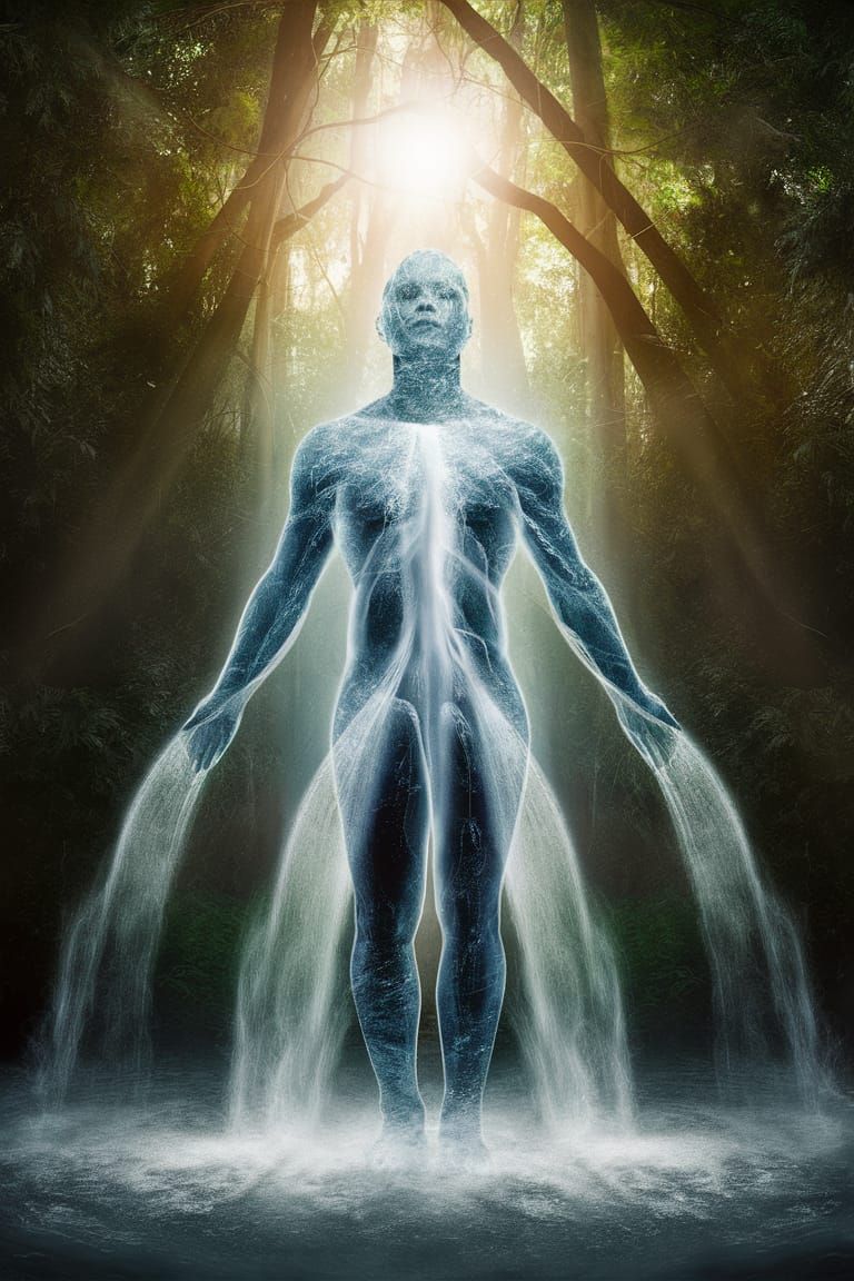 Ethereal Human Waterfall in Double Exposure Forest