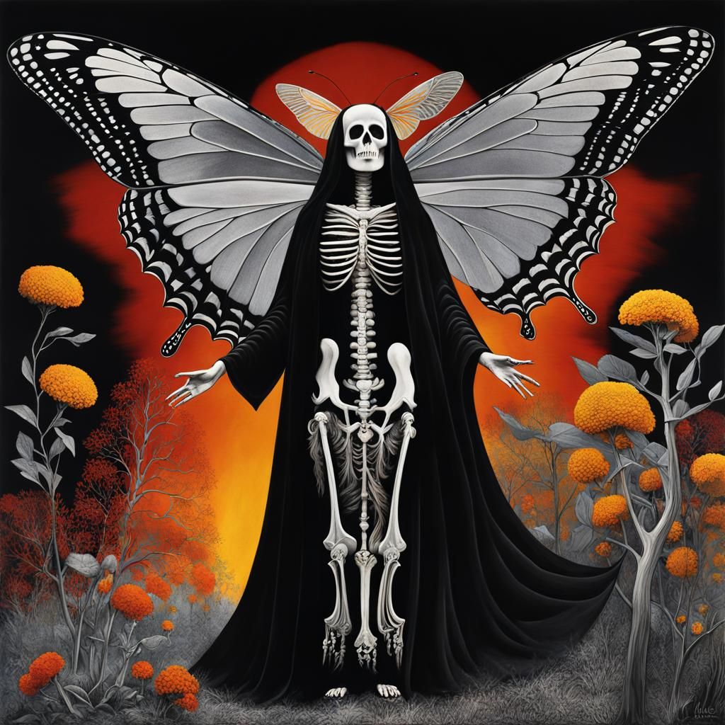 Santa Muerte Butterfly In flight, in a Million Marigolds And Winter Tree dreamscape, Salvador Dali collaboration Paul ...