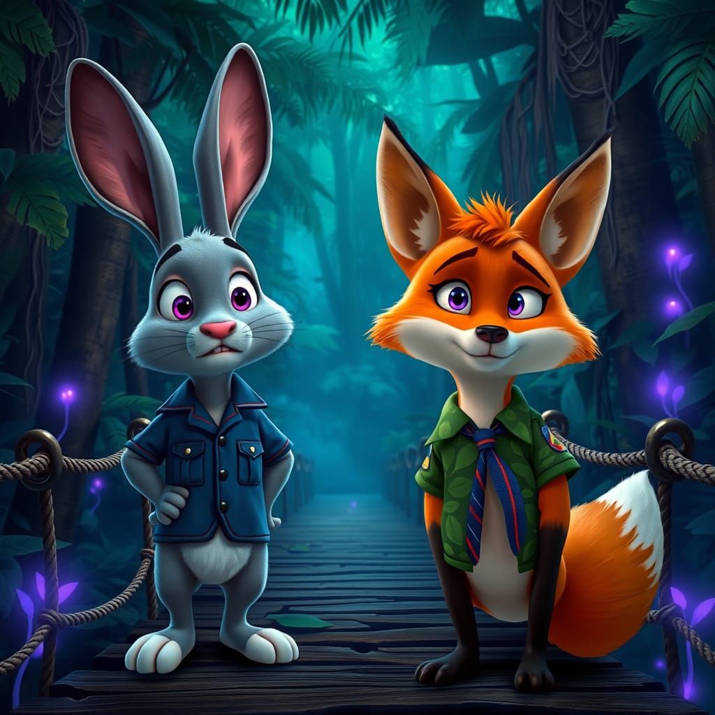 Lush Jungle Night Scene with Gray Rabbit and Orange Fox