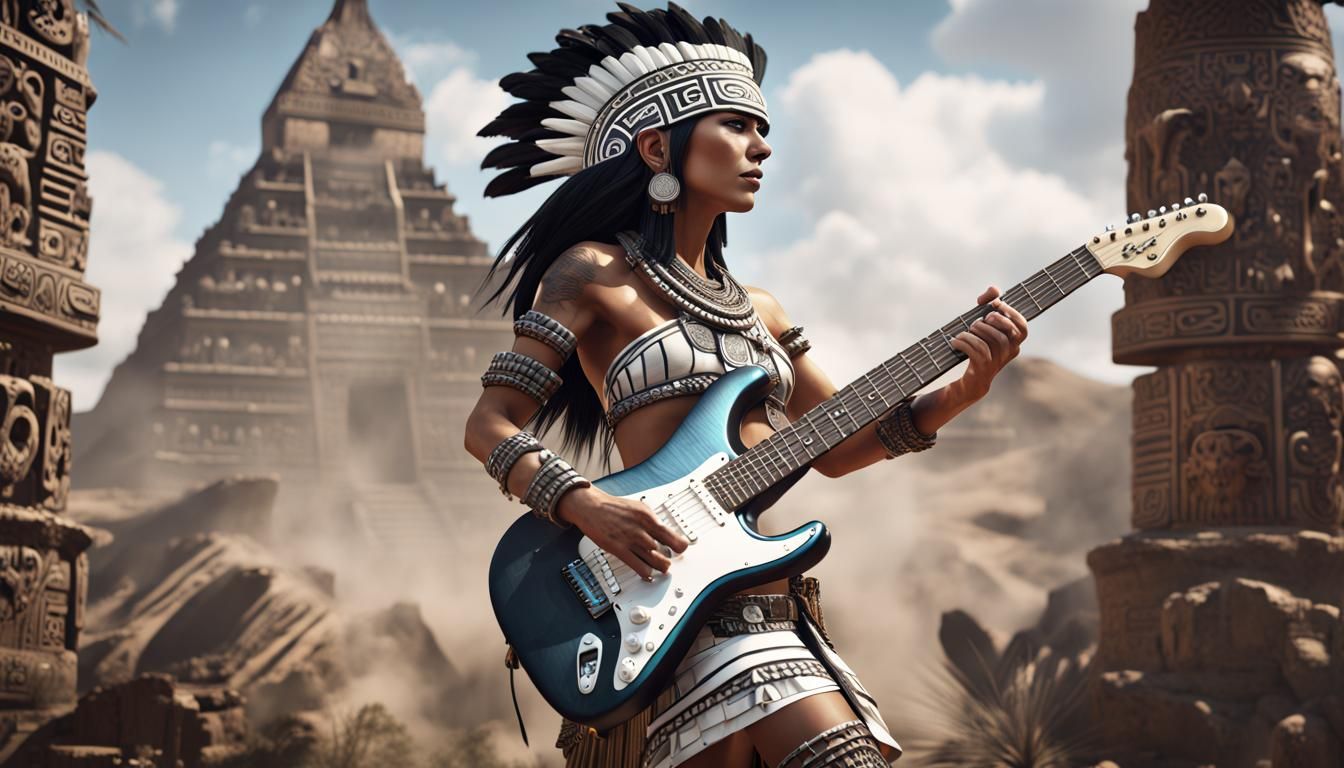 Aztec Warrior Goddess Performs with Electric Guitar in Vibra...
