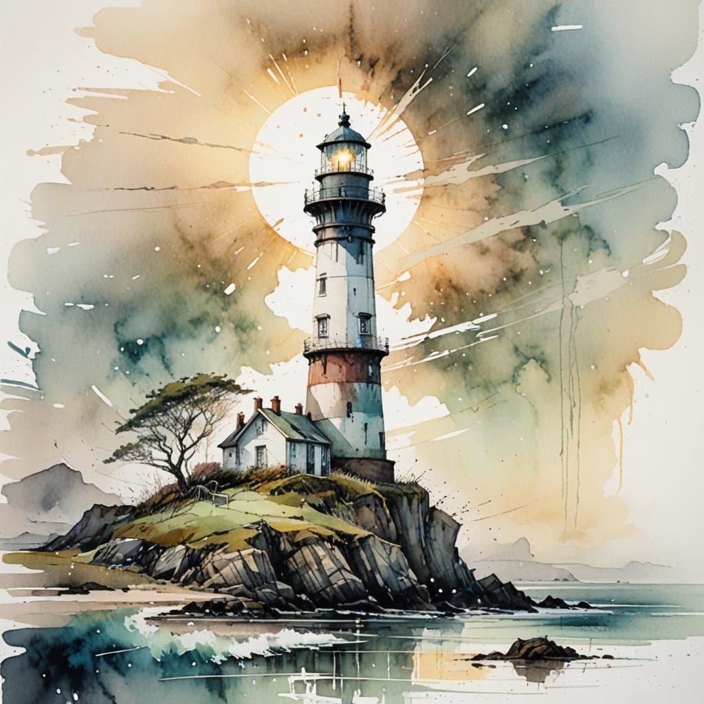 Lighthouse at Dawn in Stylized Watercolour