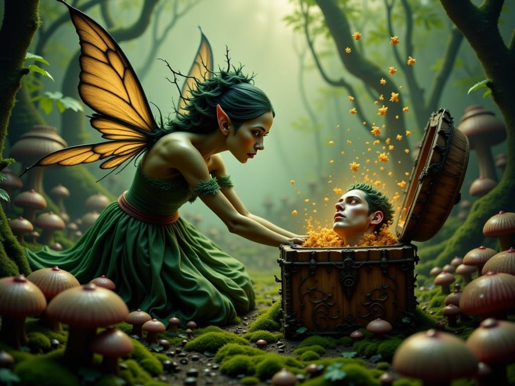 Fairy Opens Chest with Elf Head: Airbrush Art
