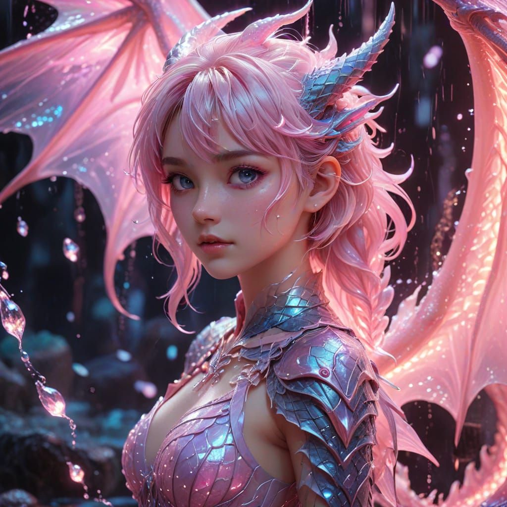 Pastel Anime Dragon Girl with Shimmering Lights