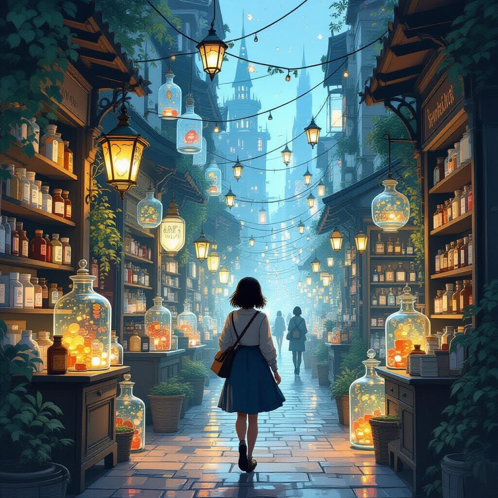 Bottled Dreams City in Whimsical Art Style