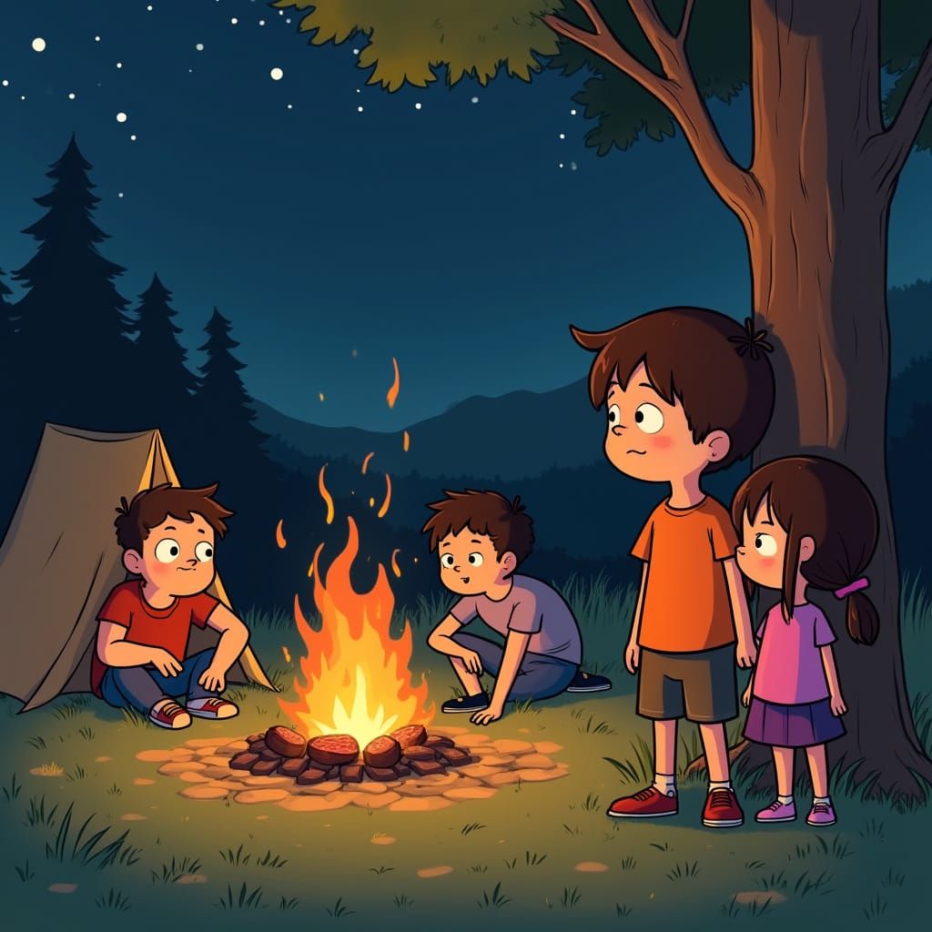 Boy and Girl Hide Behind Tree, Watching Bonfire in Cartoon S...