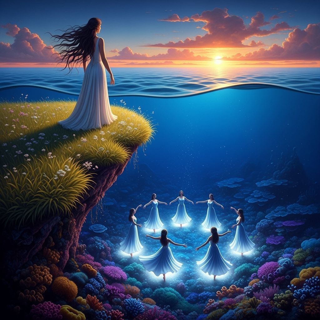 Surreal Underwater Scene with Dancers and Sunset