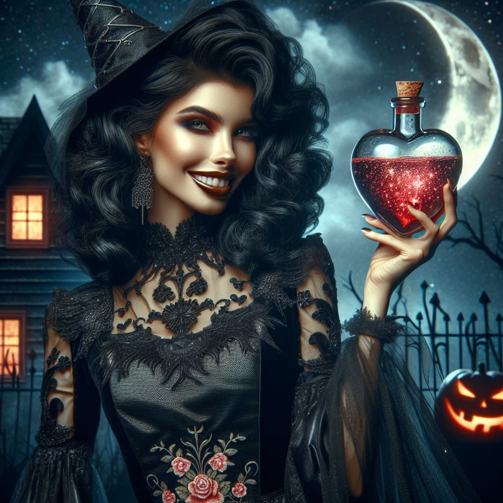 Enchanting Sorceress with Heart Potion Under Moonlit Night