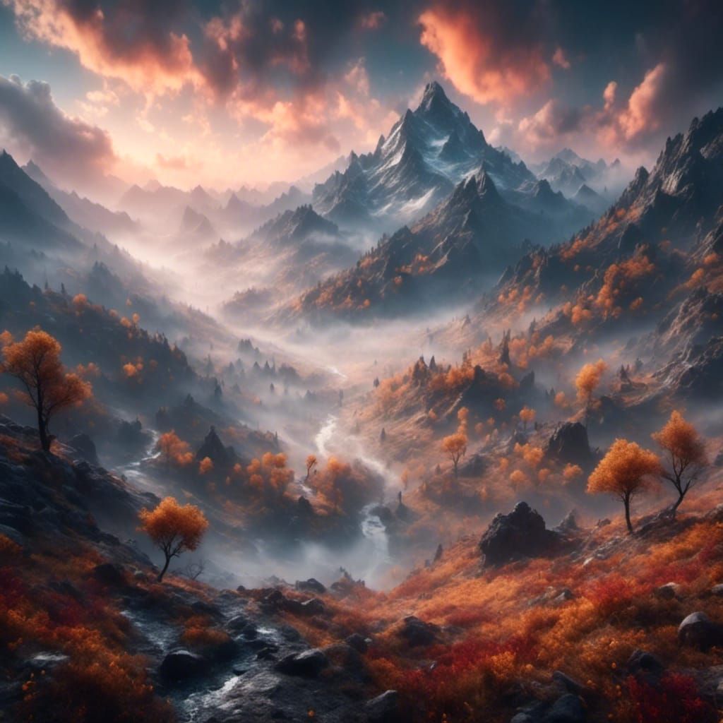 Misty Mountain Landscape with Vibrant Colors