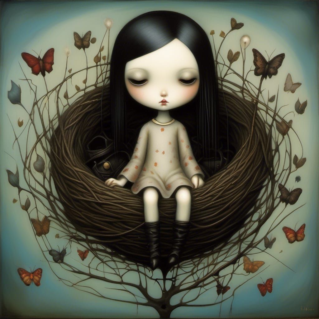 Gothic Girl in Nest, Dark Fantasy Illustration