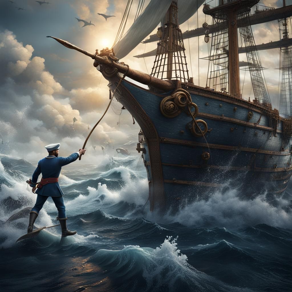 Whaling Ship Harpoon Throw in Detailed Matte Painting