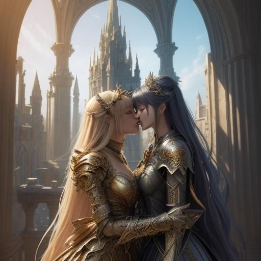 Anime Girls Kissing on Mystical Tower: Surreal 3D Art