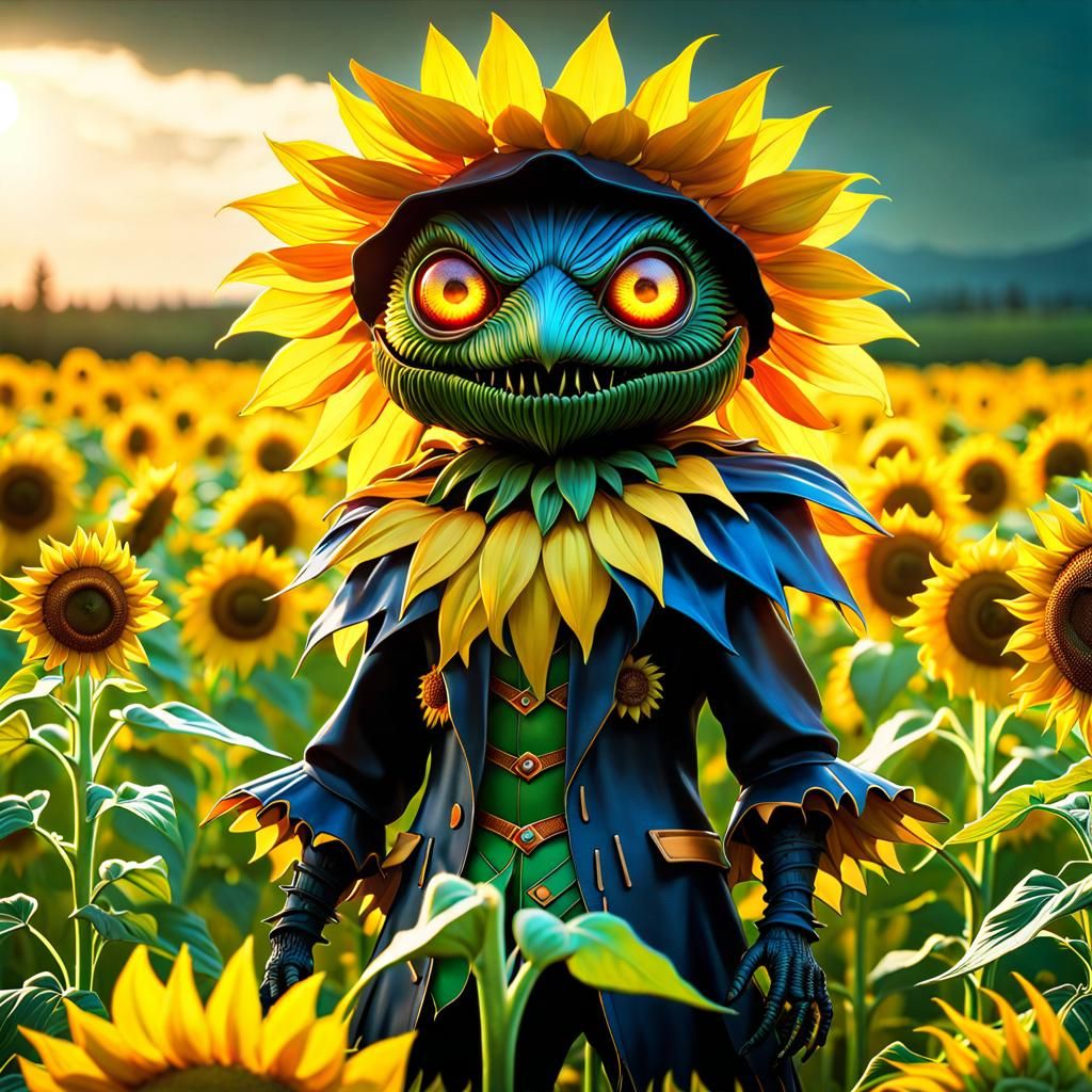 Nightmare Cute Gremlin in Sunflower Field