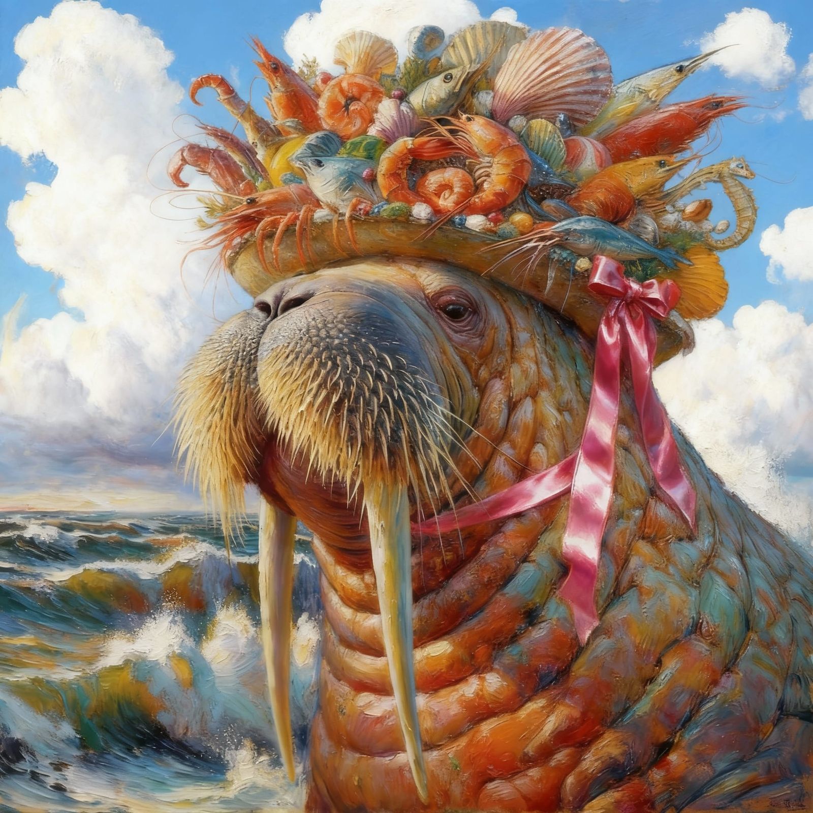 Colossal Walrus in Seafood Hat on Stormy Shore