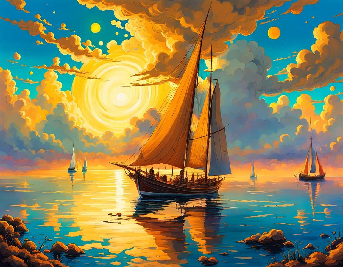 Golden Clouds Sailboat: Digital Gouache Art