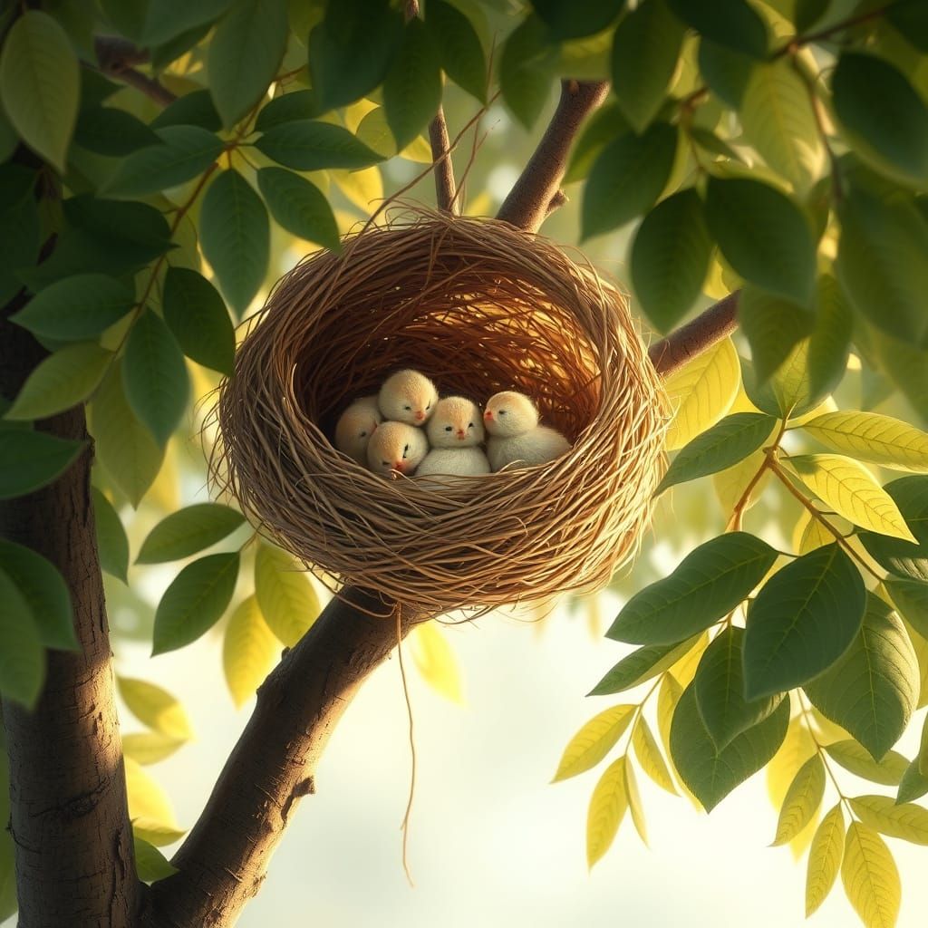 Whimsical Tree Nest with Adorable Birds in Soft Focus