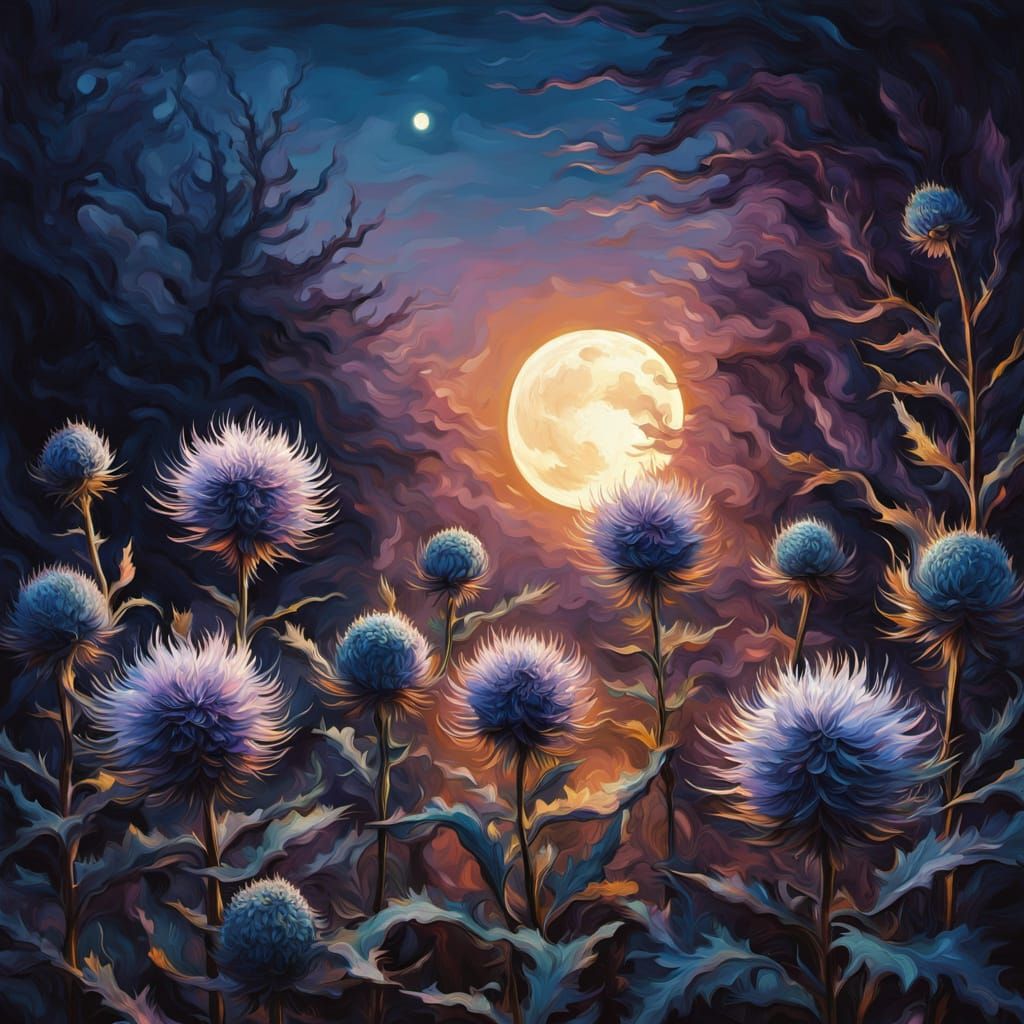 Luminous Moonlit Thistle Flowers in Van Gogh Style
