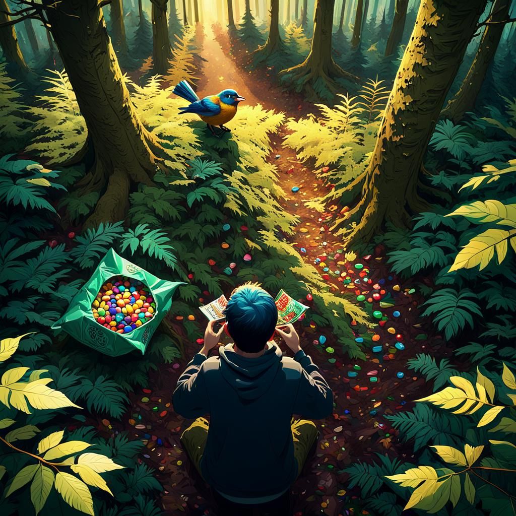 Whimsical Bird's-Eye View of Forest Candy Scene
