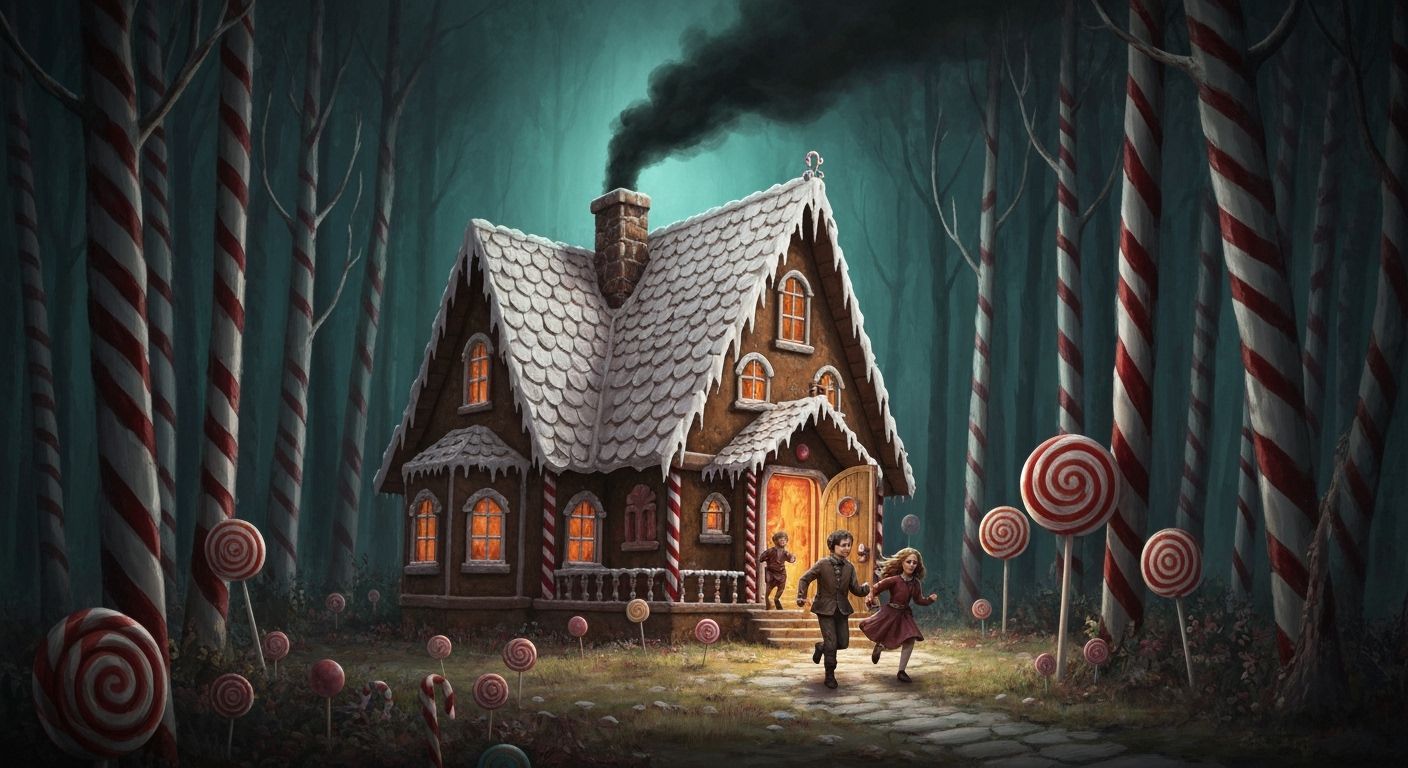 Children Flee Gingerbread House in Forest, Gustave Doré Styl...