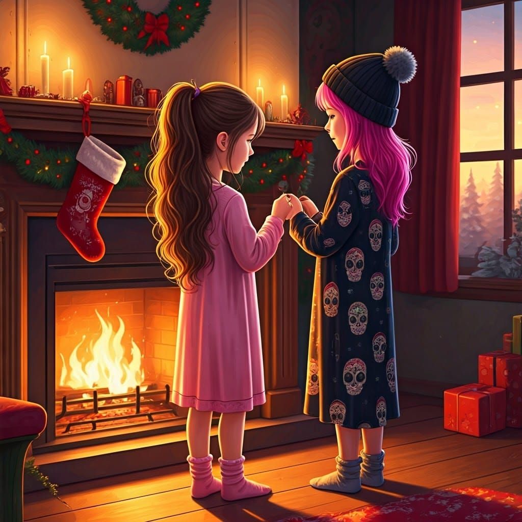 Whimsical Christmas Sisters Hanging Stockings by the Firepla...