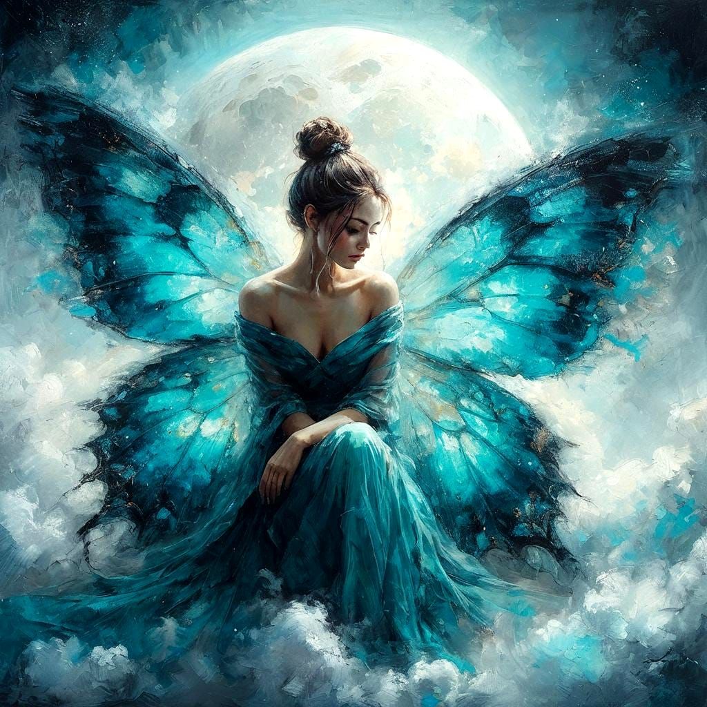 Ethereal Butterfly Woman in Dreamlike Landscape