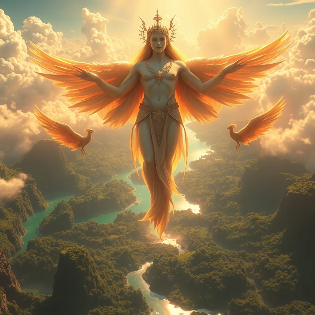 Ethereal God Surveys Vibrant Terra from Heavenly Realm