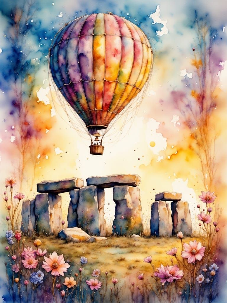 Watercolor Hot Air Balloon over Stonehenge at Sunrise
