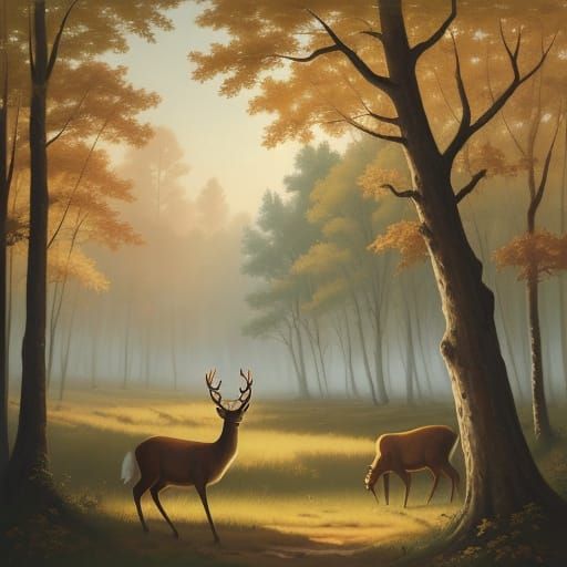 Serene Forest Scene with Whimsical Deer in Golden Hour