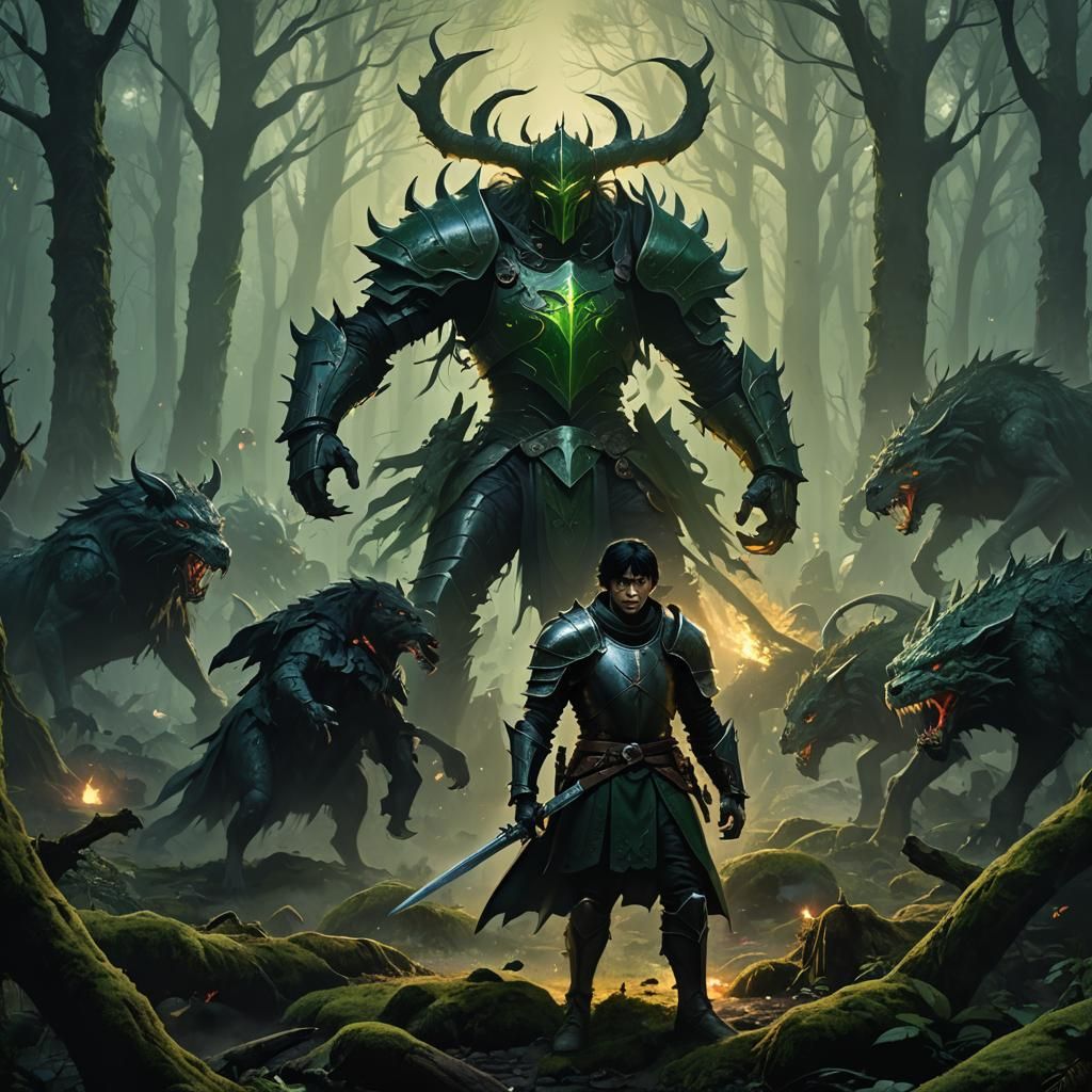 Knight Victorious in Dark Forest, Fantasy Concept Art
