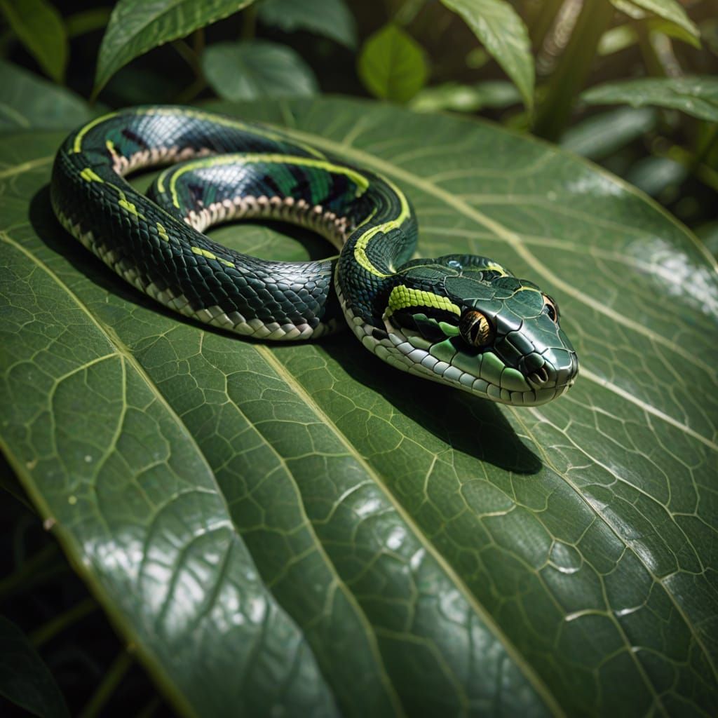 Hyper-Realistic Snake on Leaf in Earthy Tones