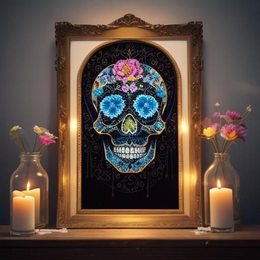 Ofrenda with Angel Sugar Skulls and Flowers