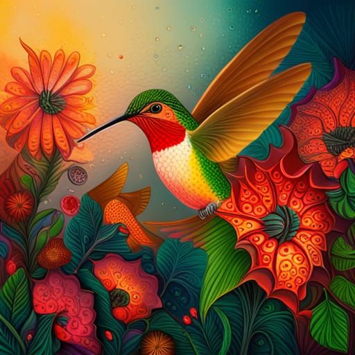 Hummingbirds and Palash Flowers in Madhubani Style