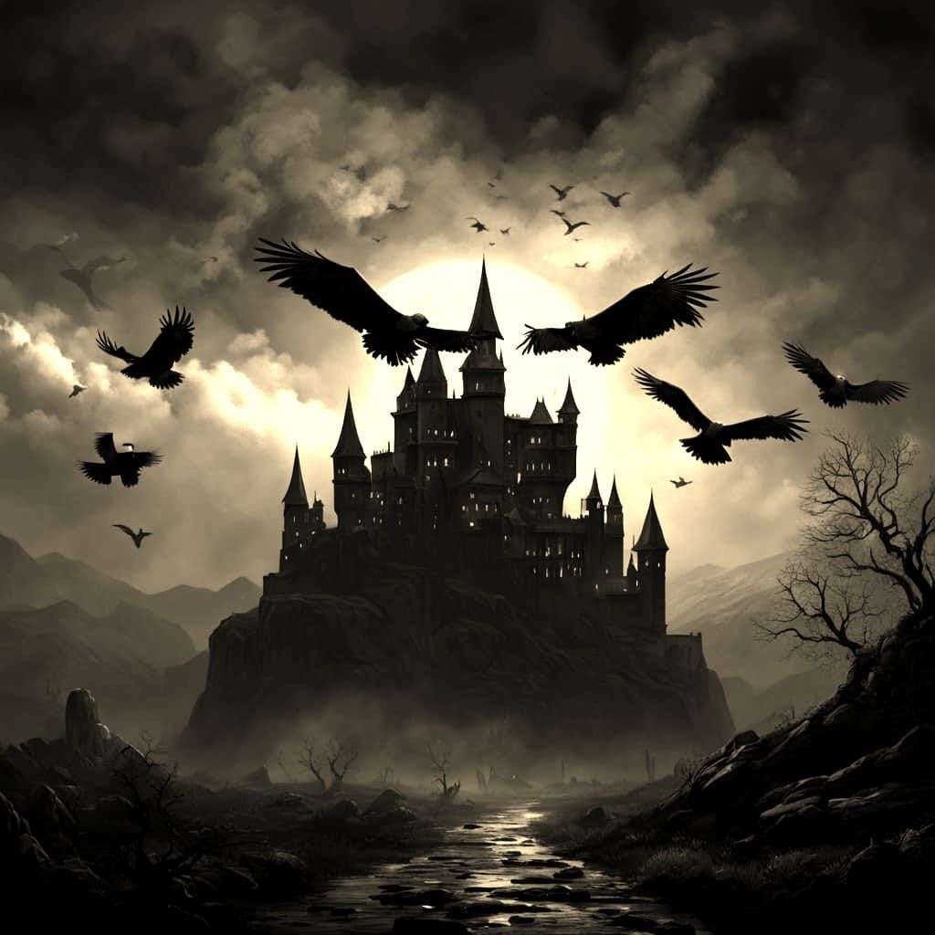 Dark Fantasy Mountainscape with Eagle and Crows
