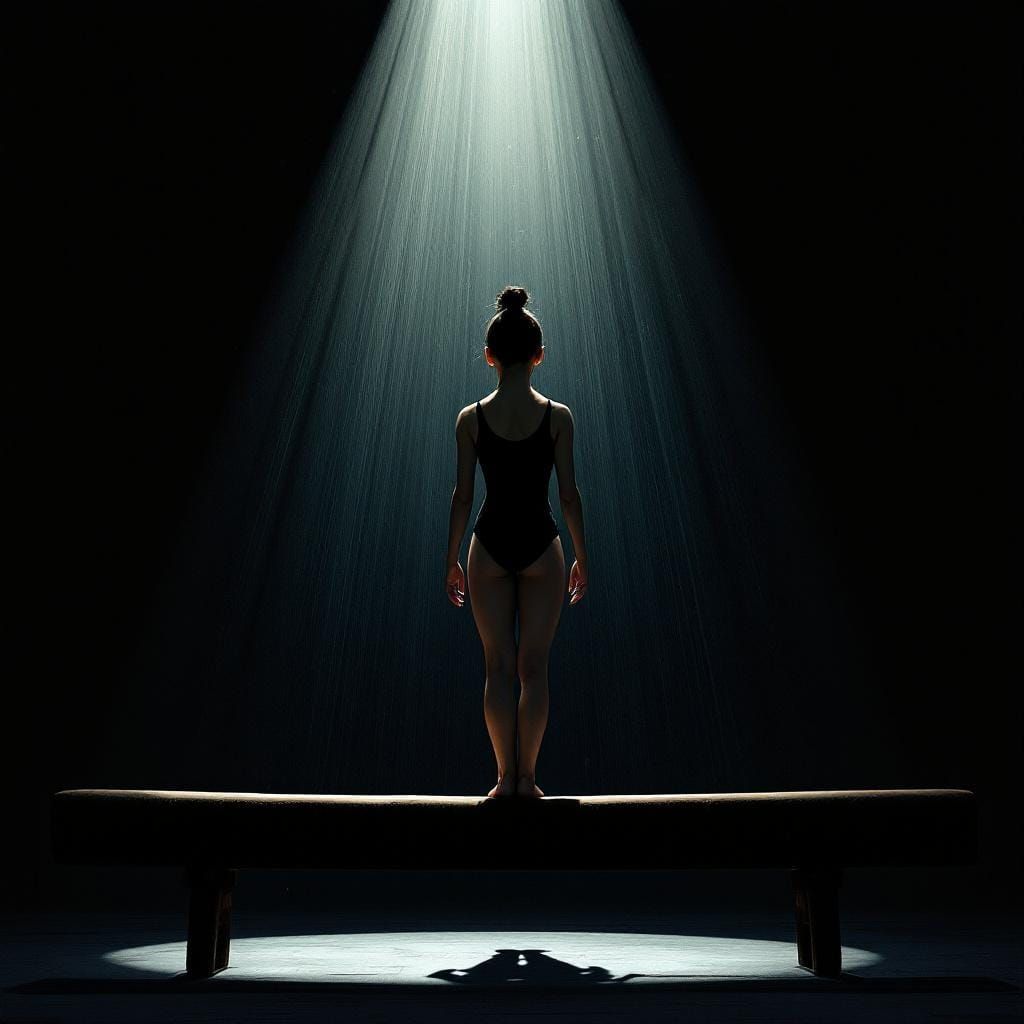 Gymnast on Beam in Dark Room with Spotlight