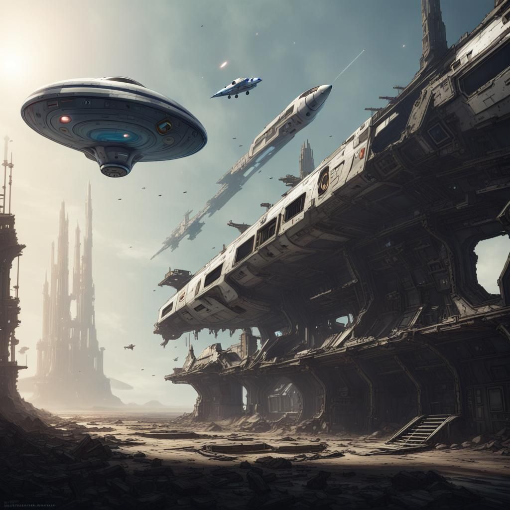 Futuristic Space Plane Approaches a Decaying Space Station i...