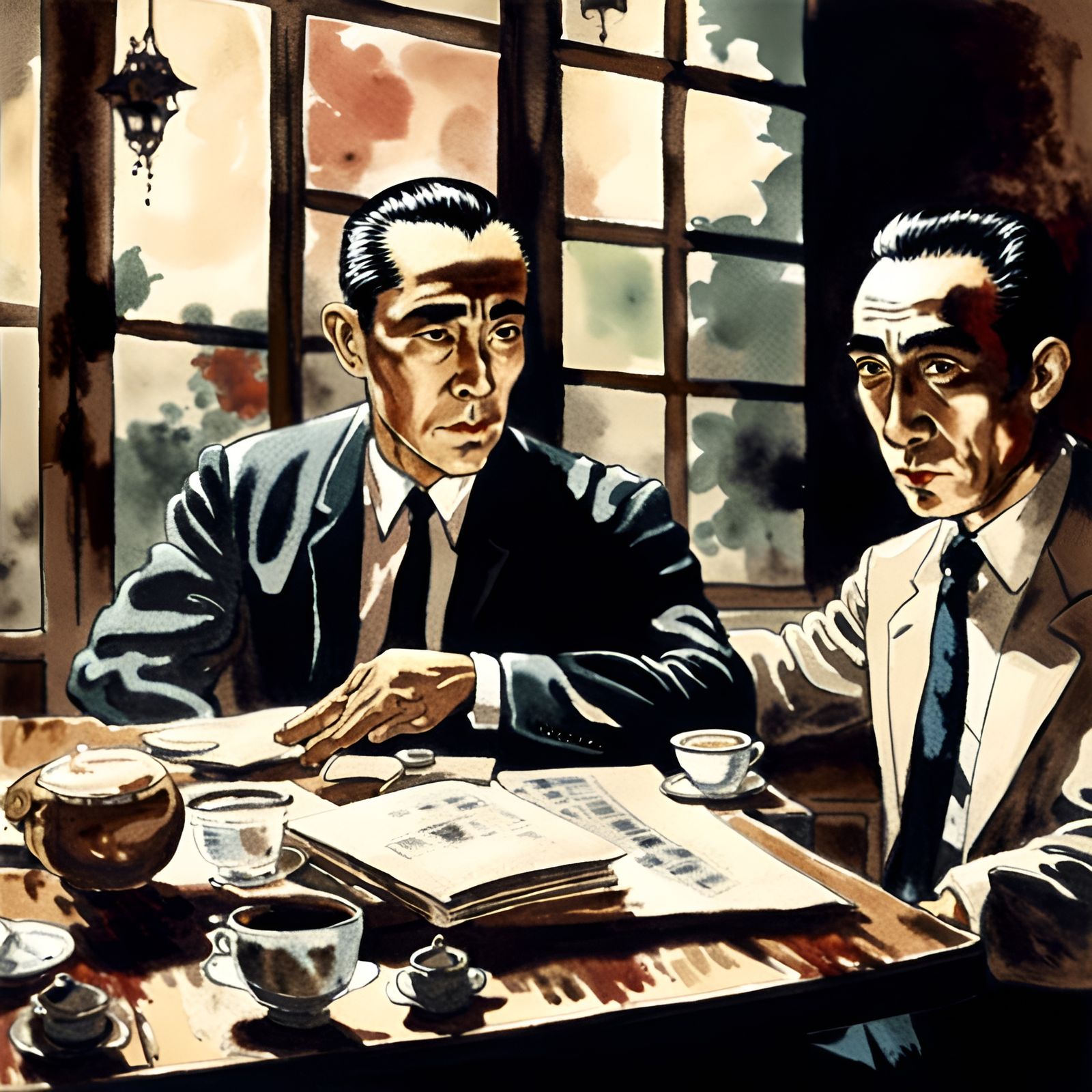 Mishima and Evola in Cafe, Watercolor Style