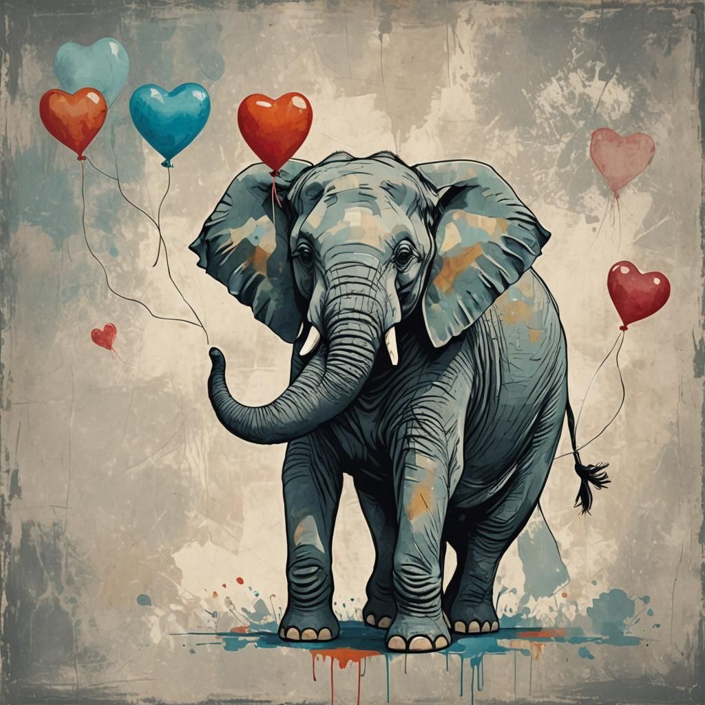 Elephant with Heart Balloon in Abstract Style