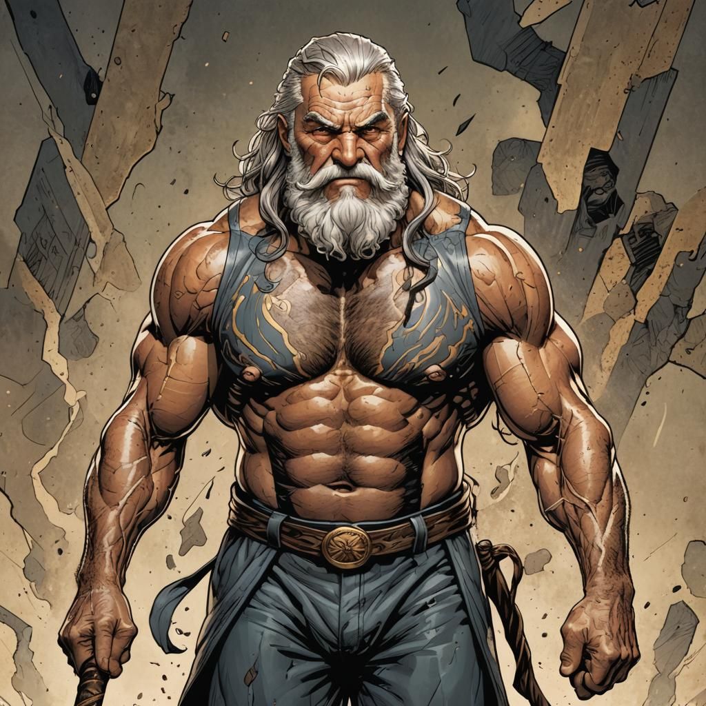 Muscular Old Wrestler with Walking Stick in Comic Art