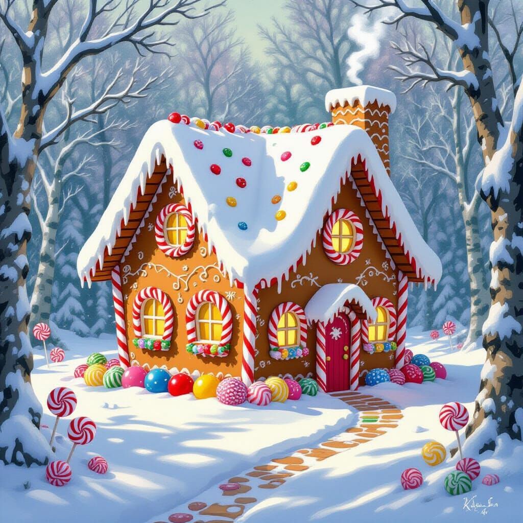 Gingerbread Cottage in Snow-Covered Forest: Digital Painting