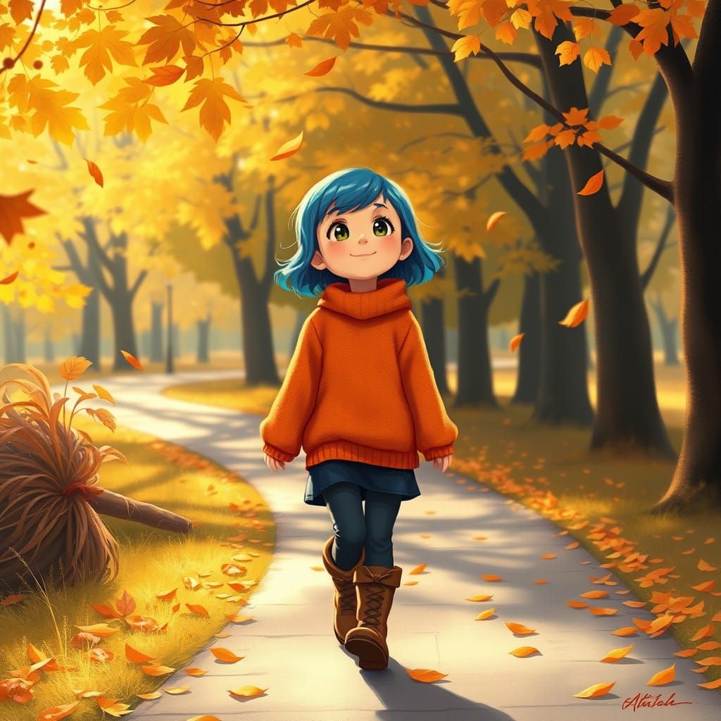 Girl in Autumn Park with Falling Leaves in Impressionist Sty...