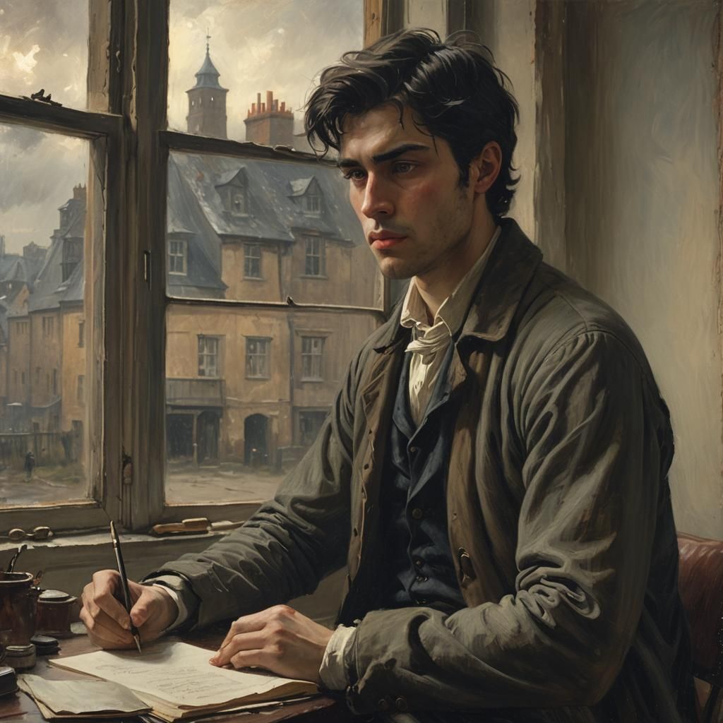 Melancholy Man at Desk in Dreary Regency Era