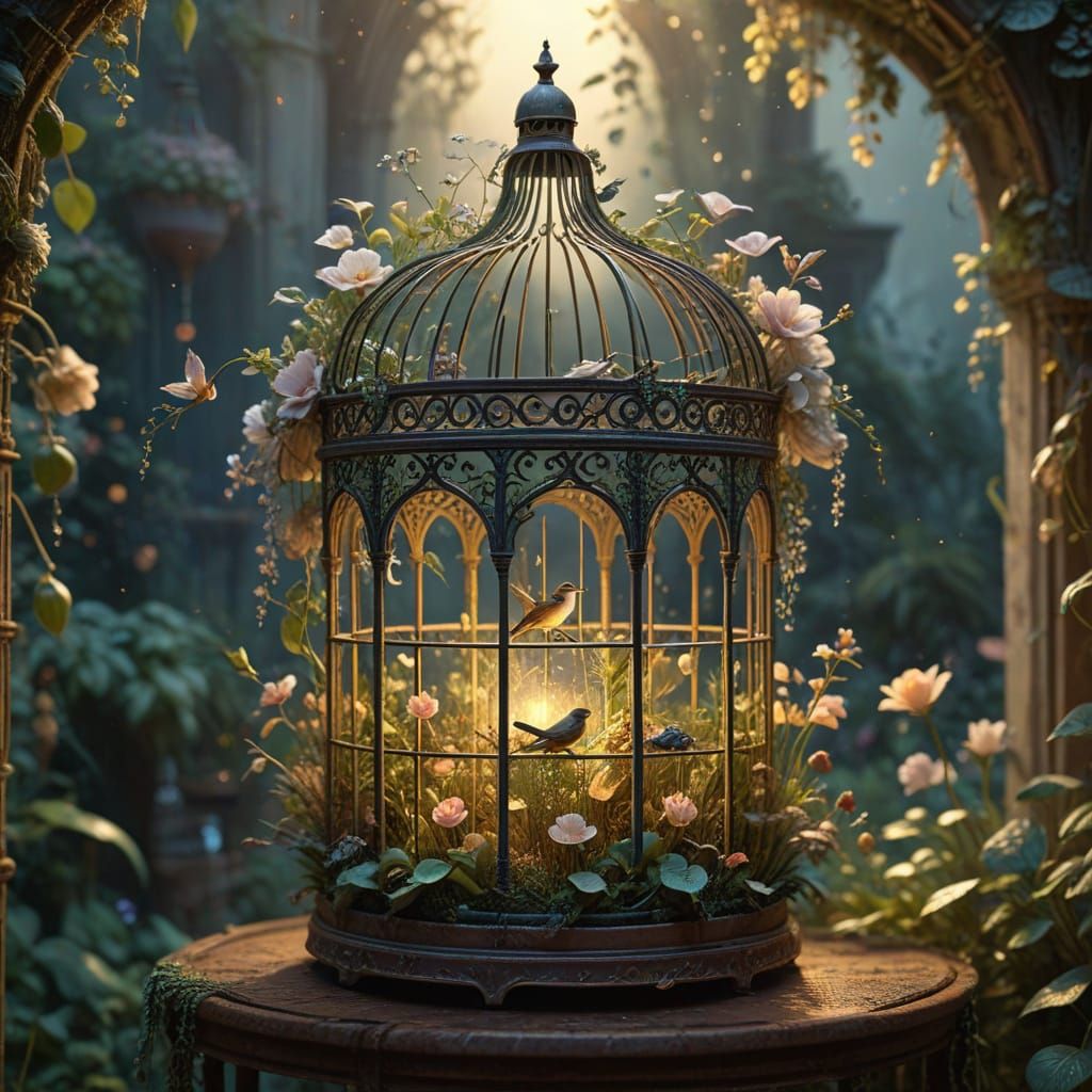 Enchanting Birdcage Garden in Golden Hour