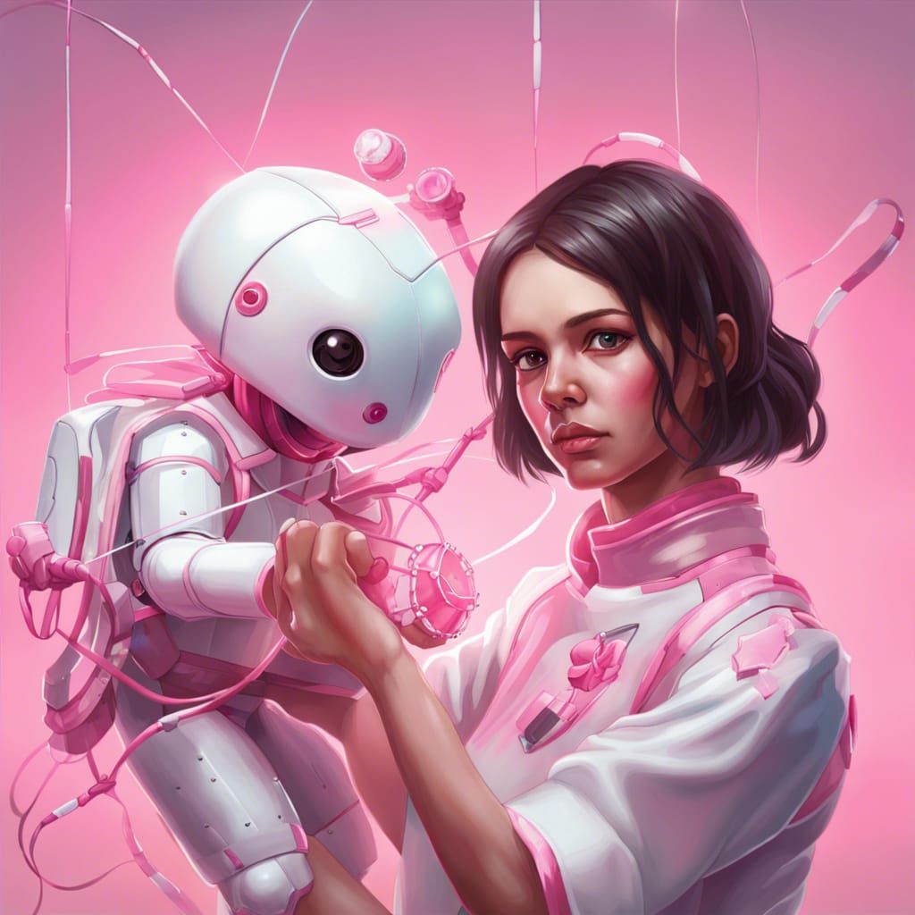 Android Girl with Puppet: Hyperrealistic Splash Art