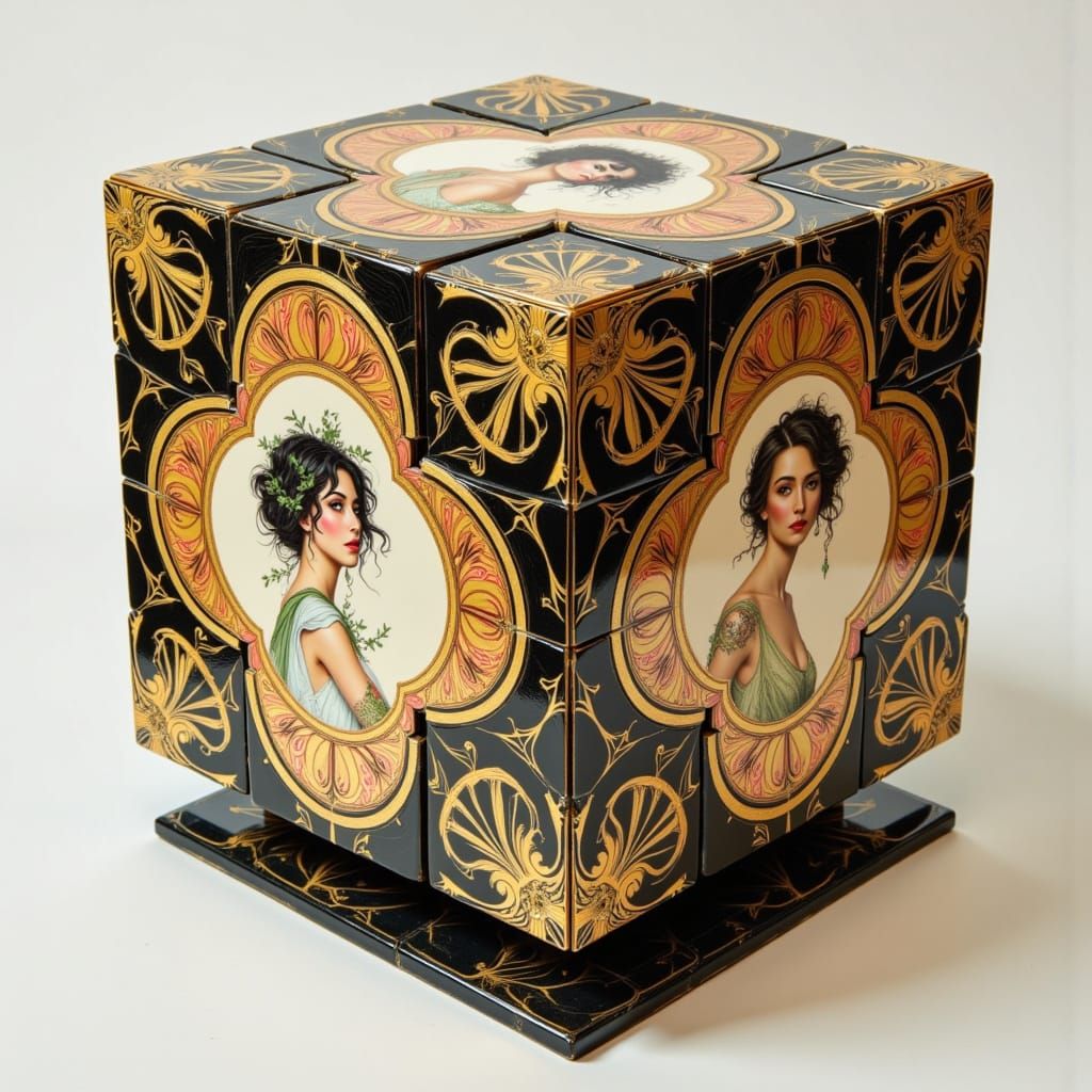Luxurious Cubic Art Object with Gold Leaf Patterns