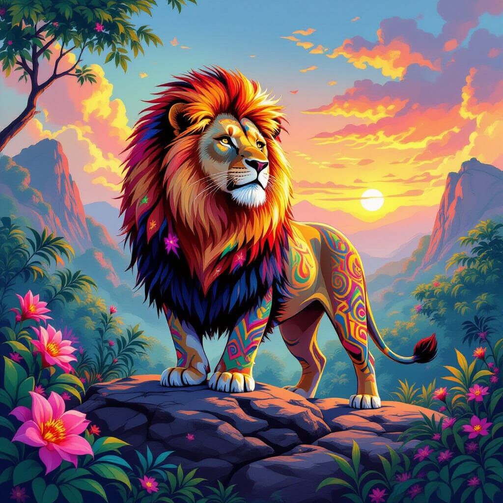 Majestic Lion with Tribal Patterns in Dreamlike Style